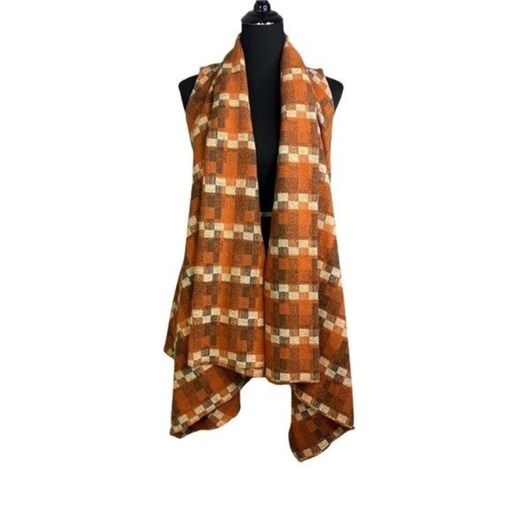 Piko 1988 Womens Sleeveless Duster Cardigan Orange Brown Plaid Long Open Front L